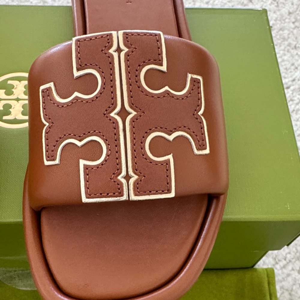 Tory Burch Women's Double T Leather Sport Slide, Tan, Size: 6, NWT - Picture 3 of 5